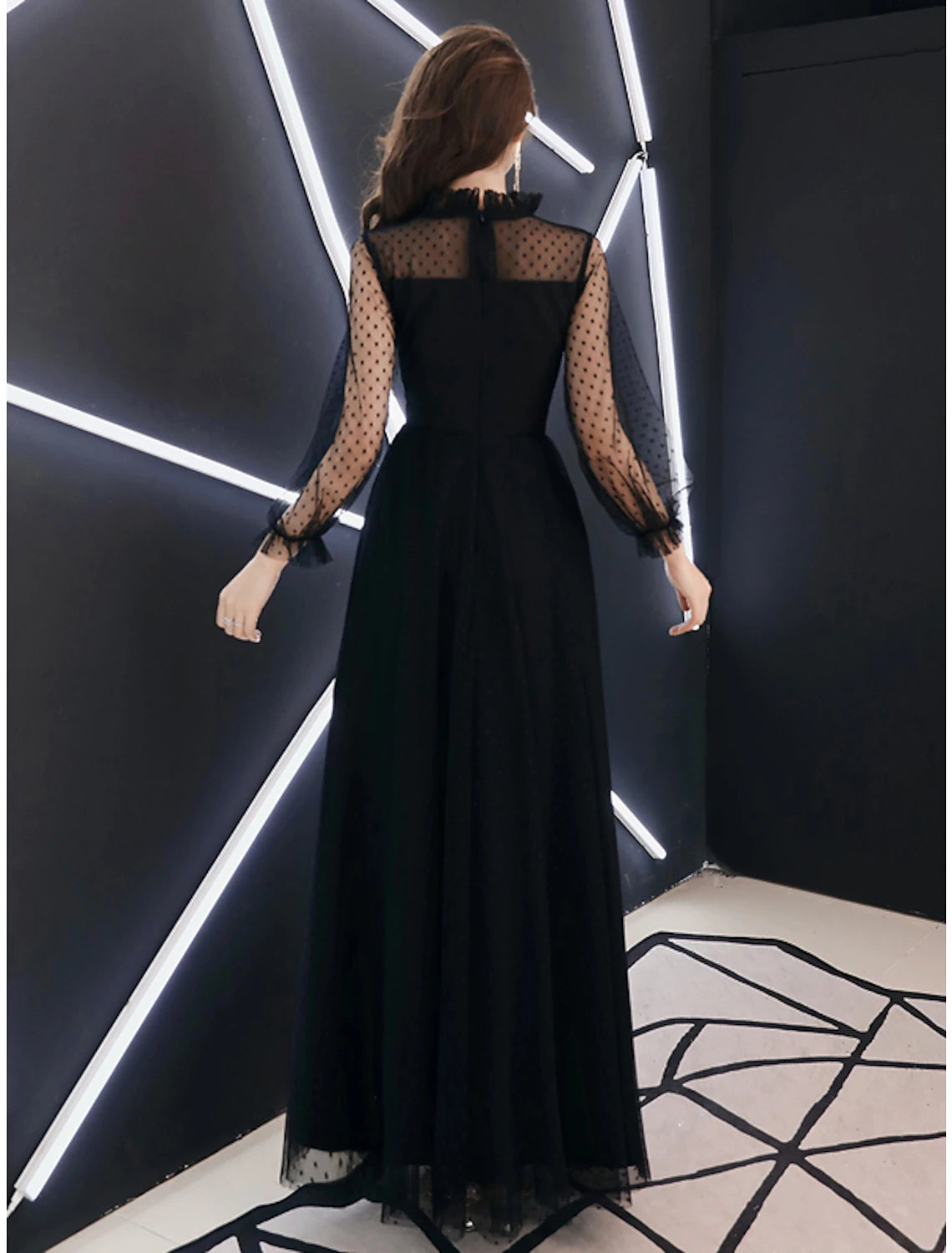 Wholesale  A-Line Little Black Dress Elegant Party Wear Prom Dress High Neck Long Sleeve Floor Length Lace with Ruffles